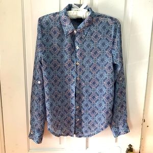 About a girl, sheer, mandala printed collared button down